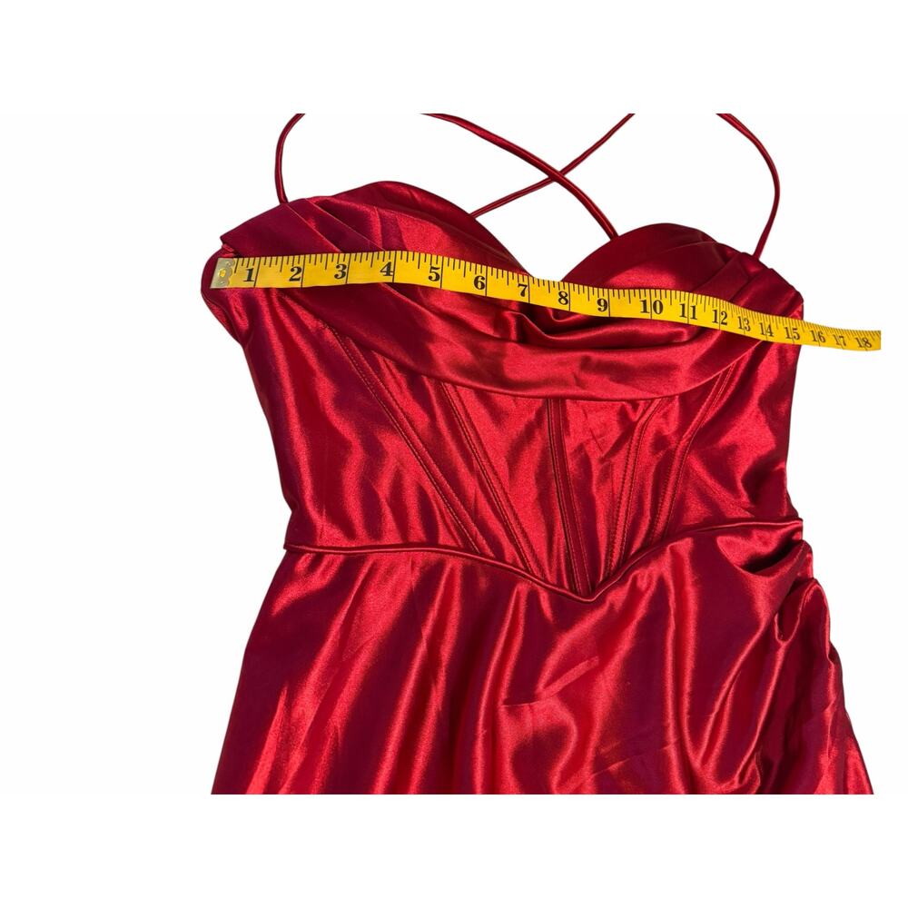 STACEES Red Satin Corset Gown Thigh-High Slit - Size 8 - Picture 6 of 16